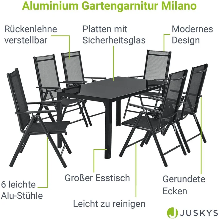 Juskys Aluminium Gartengarnitur Milano Gartenmöbel Set mit Tisch und 6 Stühlen Dunkel-Grau mit schwarzer Kunstfaser Alu Sitzgruppe Balkonmöbel – Bild 2