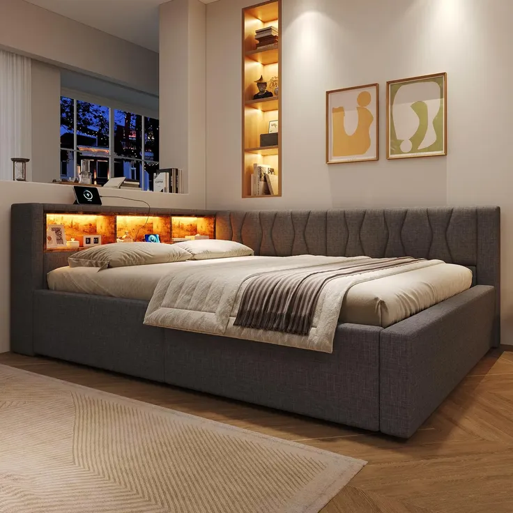 Schlafsofa mit LED-Streifen, Lattenrost, Regal, Rückenlehne, Aufbewahrung, Type-C und USB, 140x200 cm, Polsterbett, Stauraumbett, Tagesbett, Leinen – Bild 2
