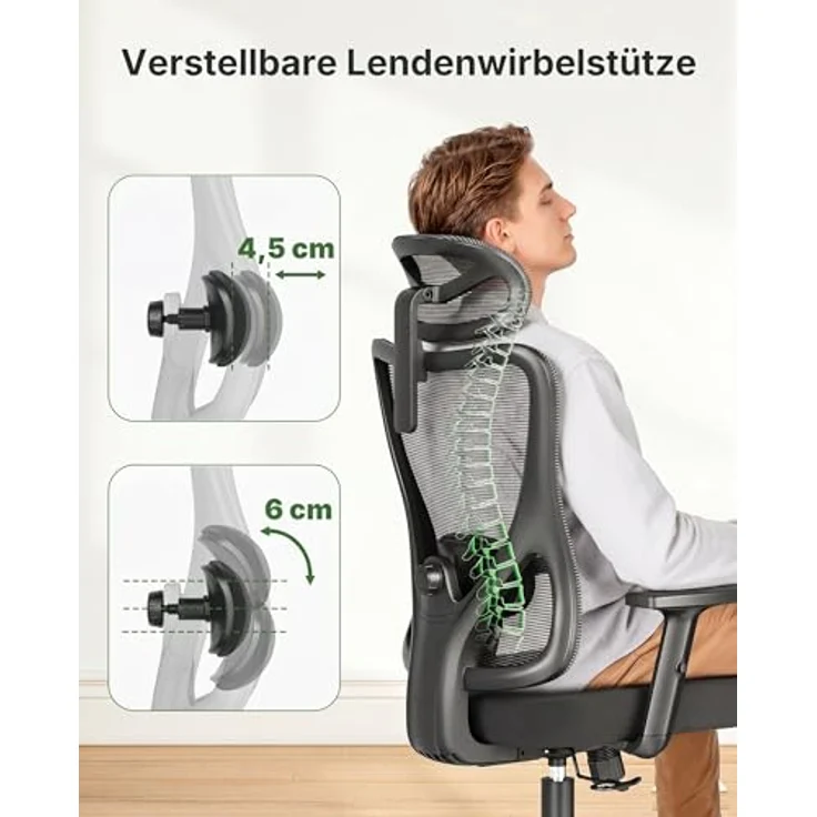 Marsail Bürostuhl Ergonomisch, Bürostuhl mit Verstellbarer gepolsterter Lendenwirbelstütze, 2D-Kopfstütze und Armlehnen, konturiertem Sitzkissen, 104°–130° arretierbarem Wippmechanismus,6pcs – Bild 3