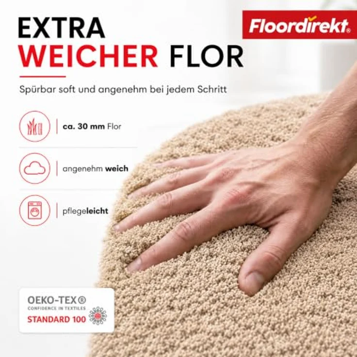 Floordirekt Badematte Sky, Rund, Flauschiger Badteppich mit hohem Flor, Rutschfest und waschbar, Beige, 120 cm – Bild 3
