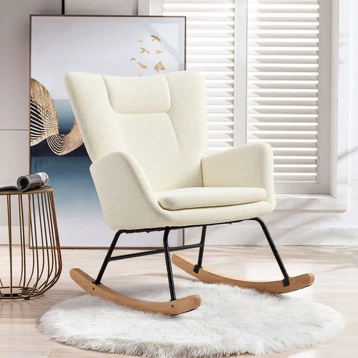 HOME NATURE WOHNKONZEPT Schaukelstuhl mit Kopfstütze, gepolstert, hohe Rückenlehne, Armlehnen, rutschfeste Füße, weißer Seelöwen-Fleece, 98×85×70 cm – Bild 1
