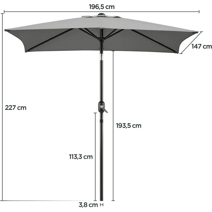 Yaheetech Sonnenschirm Rechteckiger Terrassenschirm mit Kurbel & 6 Metallstreben, LxB: 196,5x147 cm, Gartenschirm 196,5 cm L × 147 cm B × 227 cm H – Bild 3