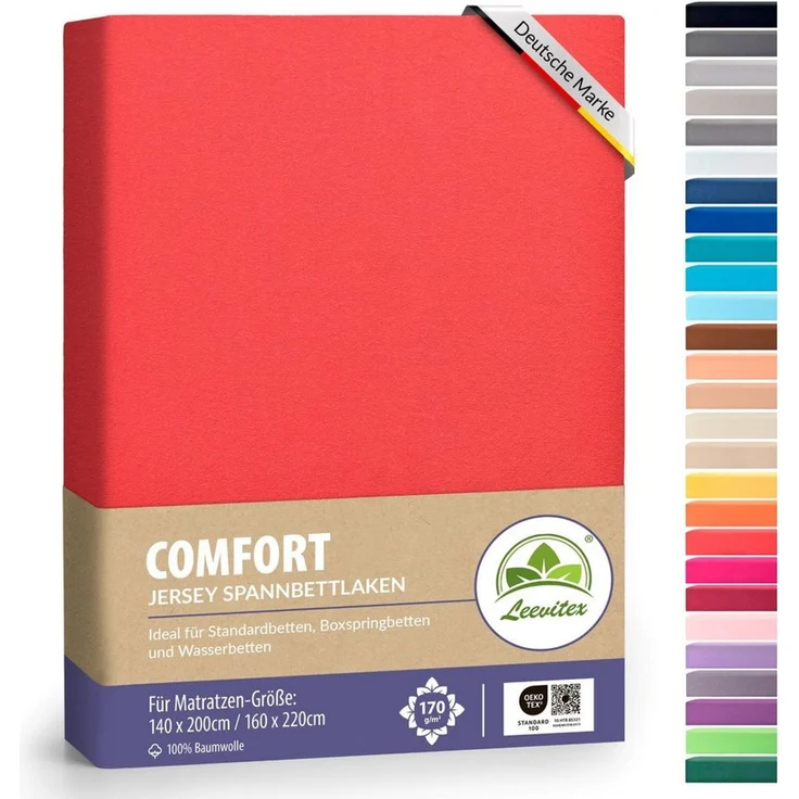 leevitex® Spannbettlaken, Premium 170g/m², Gummizug: rundum, schwer und dick, 100% Jersey-Baumwolle, Rot / Signalrot, 140 x 200 - 160 x 220 cm – Bild 1