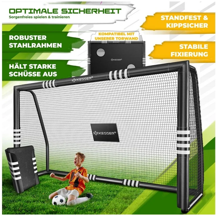 KESSER® Fußballtor mit Polsterung, Erdhaken, Luftpumpe & Hüttchen, Stahlrahmen schwarz, 240x160 cm – Bild 4
