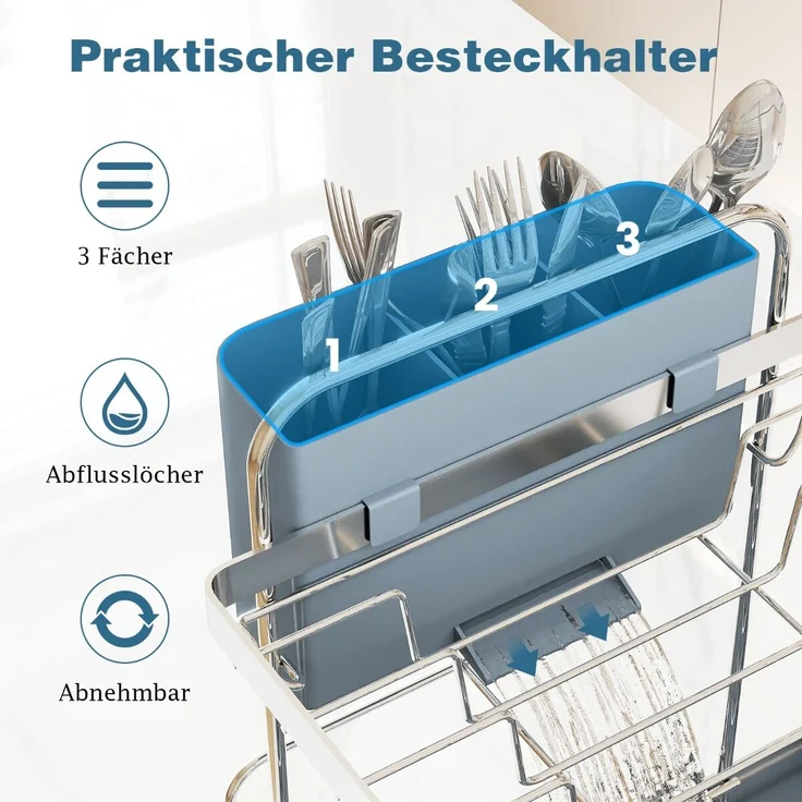 2-stöckiger Abtropfgestell Abtropfständer aus Metall mit Haltern für Gläser Teller Schüsseln Tassen Silber