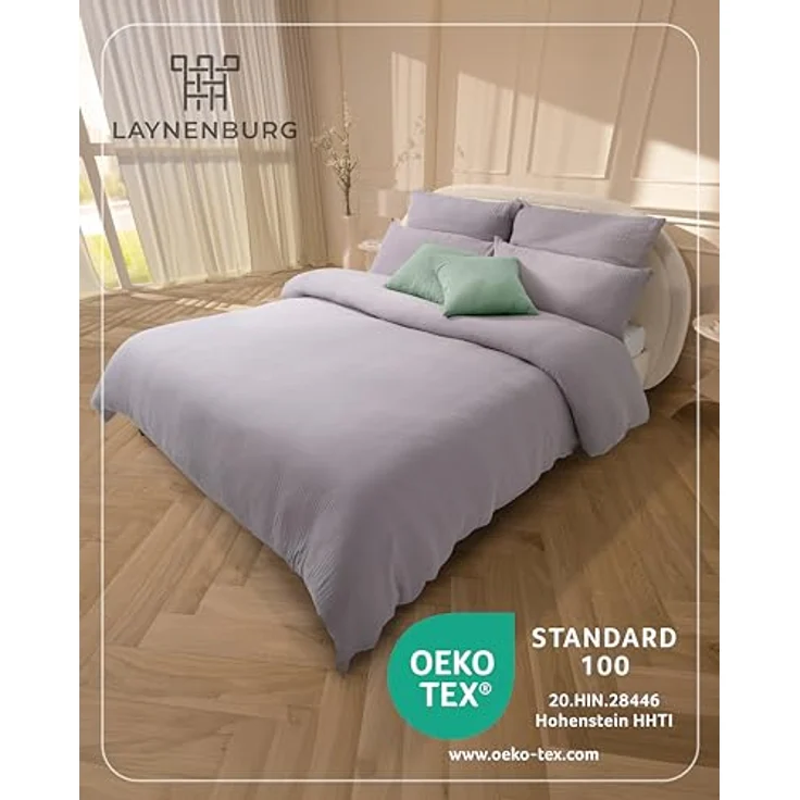 Laynenburg Bettwäsche Musselin aus 100% Baumwolle in 135x200 oder 155x220 cm, atmungsaktiv & bügelfrei – 3 lagig mit Reißverschluss & Haltebändern – Bild 3