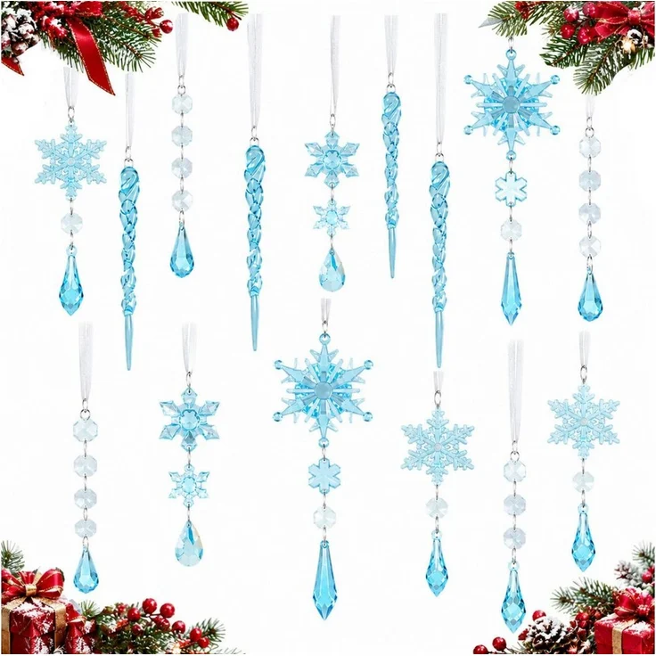Bomiclss Christbaumschmuck Acryl Schneeflocken Eiszapfen Tropfen Hängedekoration (18-tlg), Ornamente für Weihnachtsbaum Winterfest und Party Deko – Bild 1