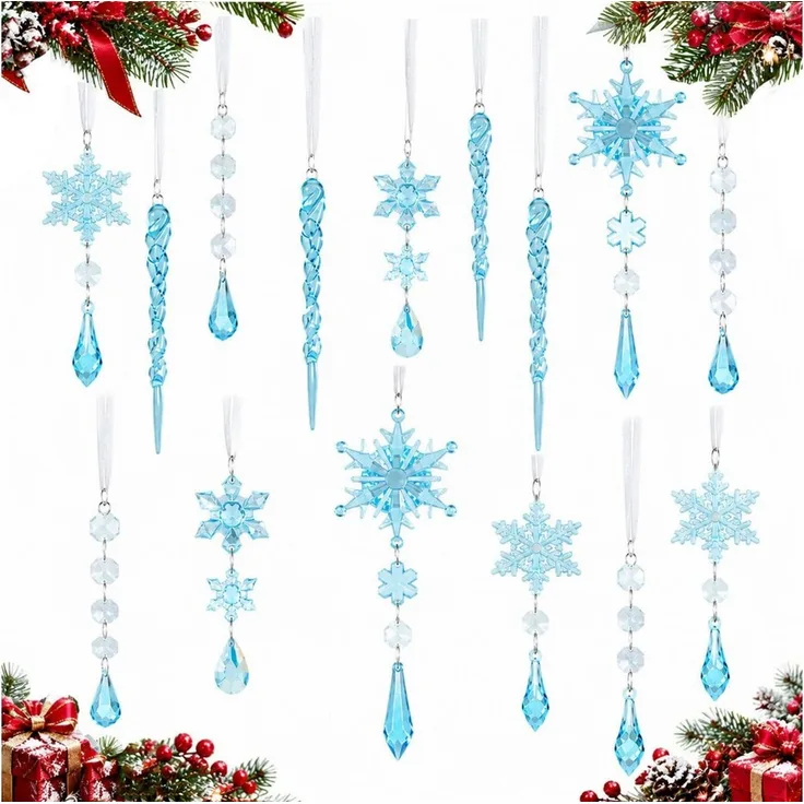 Bomiclss Christbaumschmuck Acryl Schneeflocken Eiszapfen Tropfen Hängedekoration (18-tlg), Ornamente für Weihnachtsbaum Winterfest und Party Deko