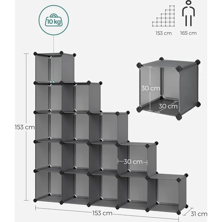Songmics Schuhregal, Regalsystem, Steckregal, Set aus 16 Würfeln, DIY Regal, stapelbar, aus PP-Kunststoff, als Garderobe, für Schlafzimmer, Büro, 31 x 123 x 123 cm, grau LPC442G01 – Bild 3