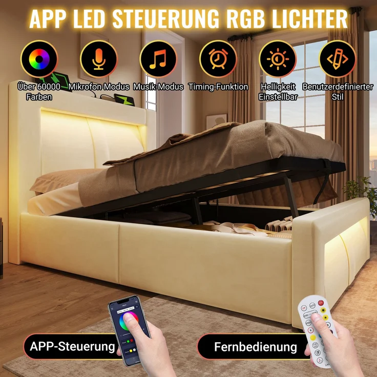 EINHOM Einzelbett 180 x 200 cm mit Stauraum, Hydraulisches Bett, LED-Beleuchtung mit APP-Steuerung, USB- & Type-C-Ladeanschlüsse, Samt, Kopfteil mit Gebogenem Design, Beige (Ohne Matratze) – Bild 4