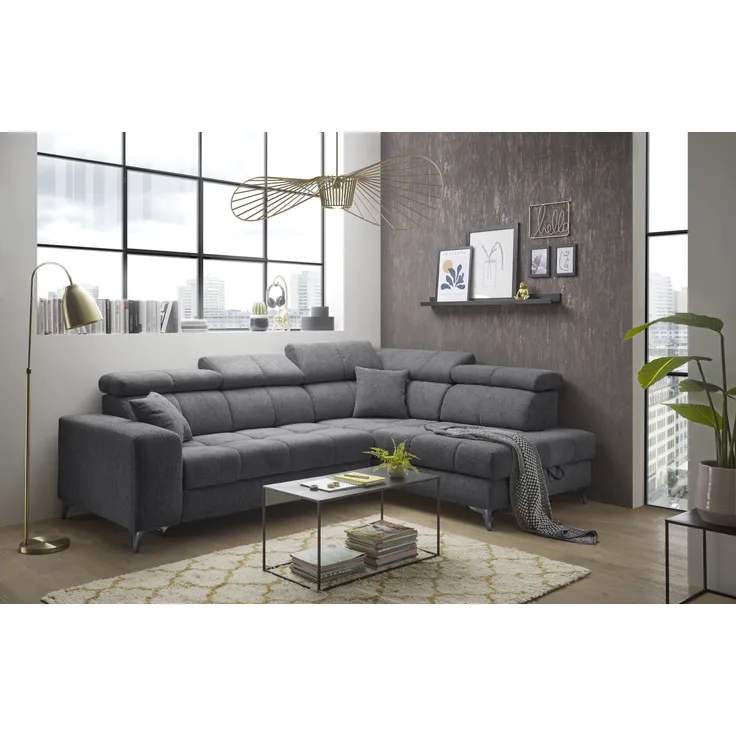 Ecksofa >SYDNEY< Elektrische Sitztiefenverstellung, 5 verstellbare Kopfstützen, Bettkasten, in anthrazit - 282x105x198 (BxHxT)