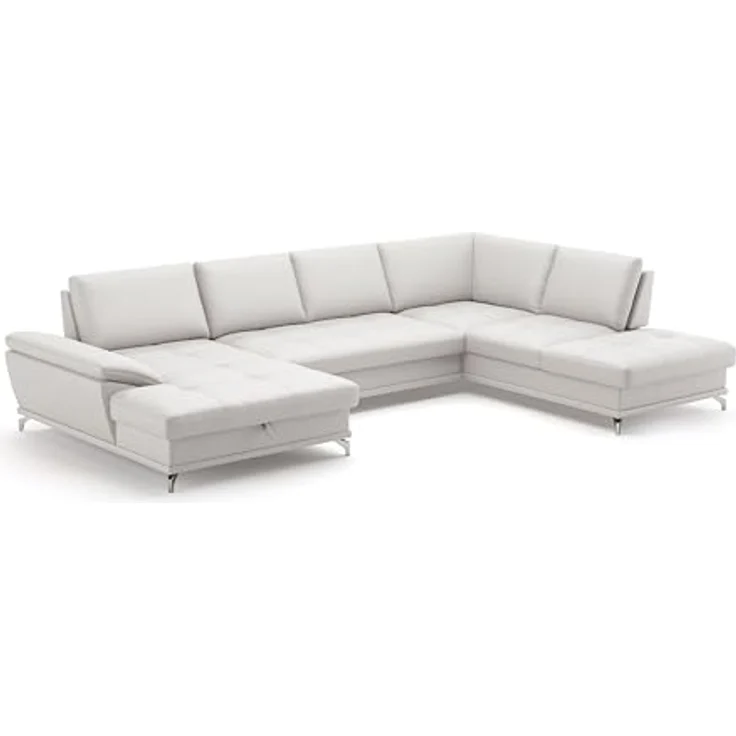 Cavadore Wohnlandschaft Castiel mit Federkern / Sofalandschaft mit XL-Longchair, Sitztiefenverstellung, satinierten Metallfüßen / 363 x 89 x 223 / Echtleder, Weiß – Bild 2