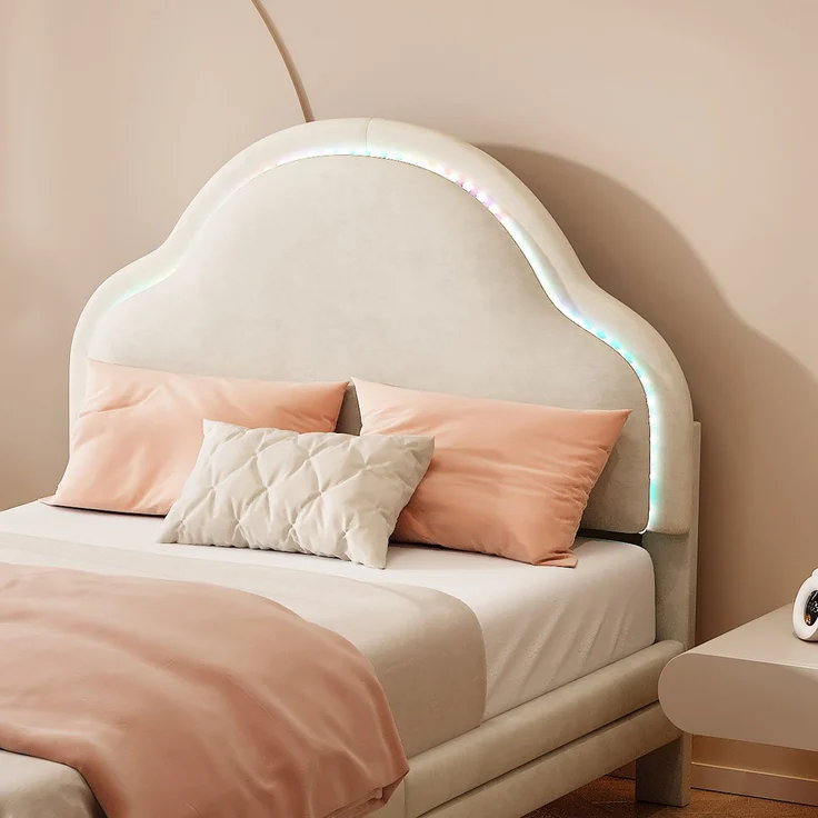 Polsterbett mit RGB LED-Beleuchtung und Lattenrost, 90x200 cm, Einzelbett mit Kopfteil und Lattenrost, Jugendbett, Samt – Bild 3