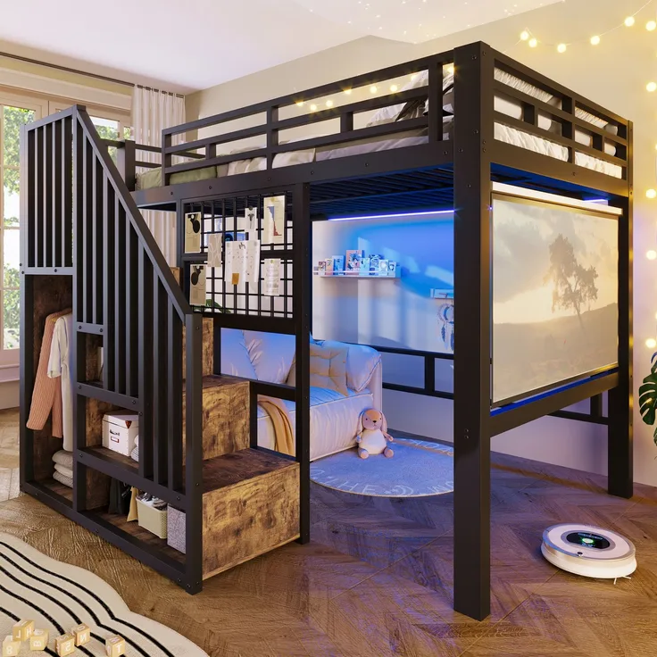 U-life Hochbett 140x200 cm, fürs Schlafzimmer, Eisenbett, Aufbewahrungstreppe, Gitter, Aufhängestange, MDF, Schwarz