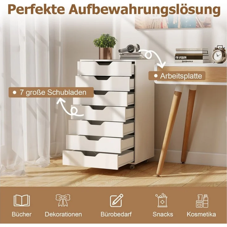 COSTWAY Rollcontainer, mit 7 Schubladen Aktenschrank mit Rollen weiß – Bild 2