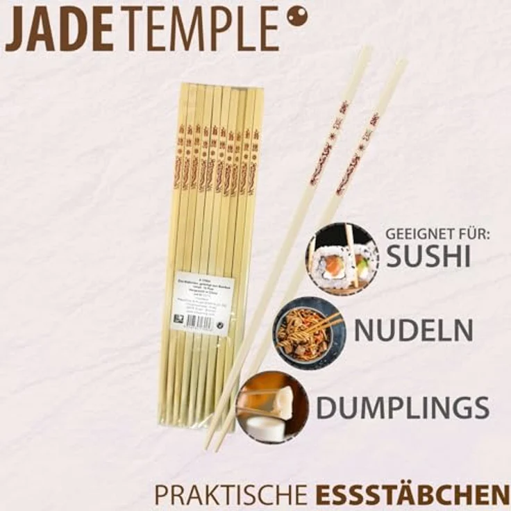 JADE TEMPLE Einweg Essstäbchen aus Bambus, 24 cm, mit asiatischer Verzierung, geschmacksneutral, 10 Paare pro Vorteilspackung, 24.5 x 14 x 6 cm, Braun – Bild 6