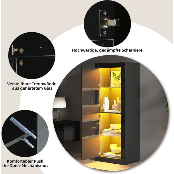 Merax Standvitrine hochglanz Vitrine mit LED-Beleuchtung inkl. Fernbedienung (1-St) Hochschrank mit erstellbaren Glasböden & Kippsicherung, 61x42x162 cm – Bild 4