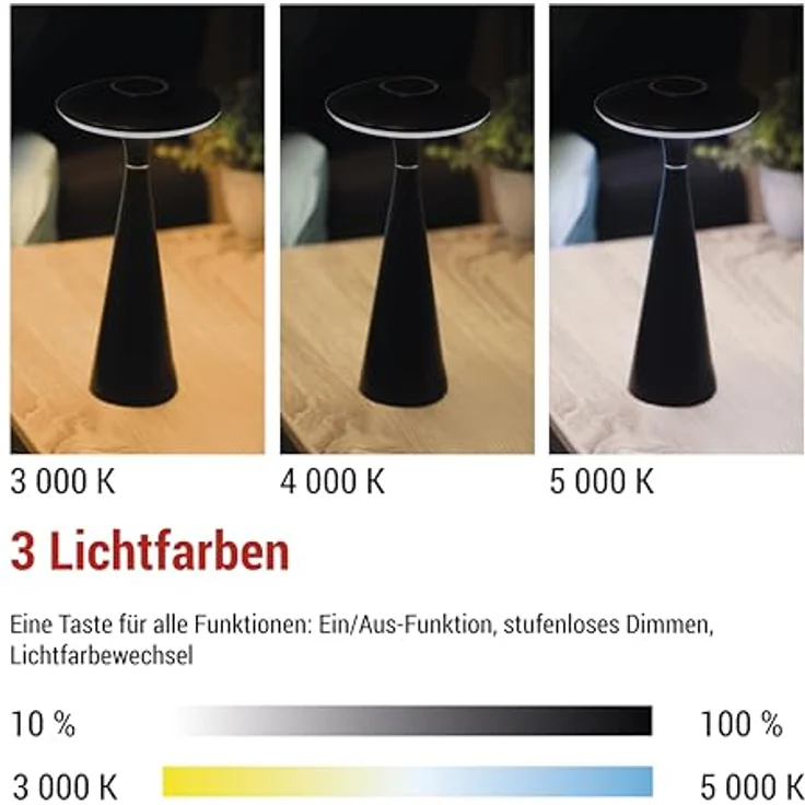 EMOS LED Akku-Tischlampe JASON, 2,2W, 180lm, 2200mAh Li-Ion Akku, 50h Leuchtdauer, dimmbar, einstellbare Lichtfarbe, schwarz, IP44, 1,5m USB-Kabel – Bild 4