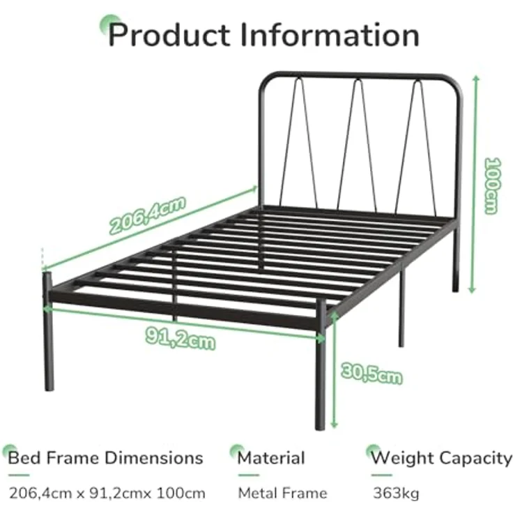 Novilla Bettrahmen 90x200 cm, Bettgestell mit Lattenrost aus Metall , Kopfteil mit Wellenmuster im modernen Stil,Modern Gästebett, Schwarz – Bild 3