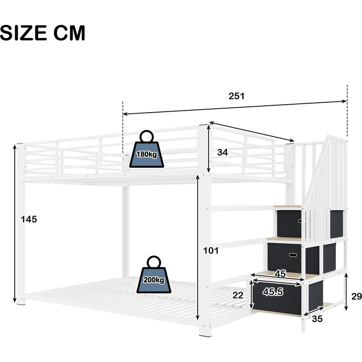 EINHOM Etagenbett 140x200 cm, Metall Doppelstockbett mit Treppe und Stauraum, LED-Licht und Steckdose, Etagenbett für Erwachsene mit links oder rechts montierbarer Treppe, Weiß (Ohne Matratze) – Bild 2