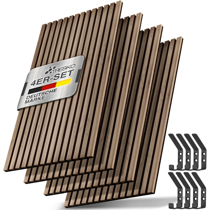 TRESKO® 4 Stück Akustikpaneele Holz 120×60 cm inkl. 8x Kleiderhaken | Wandverkleidung Eiche Natur als 3D Lamellenwand | Holzpaneele Paneele für Schallschutz | Akustik Wandpaneele mit Montageset – Bild 1
