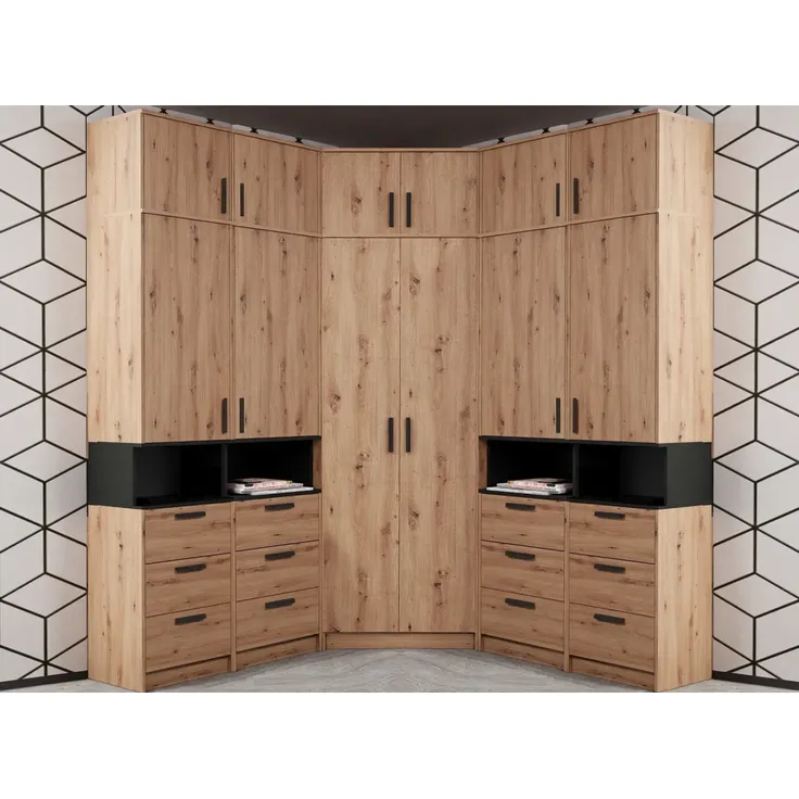 Marmex Möbel Grant Set-33A Hohe Schrankkombination, Eck-Schrankset mit Aufsatz, Standregale mit Aufsatz, hoher Eckschrank, laminierte Spanplatte, artisan Eiche + schwarz, 195/195x235x40 cm
