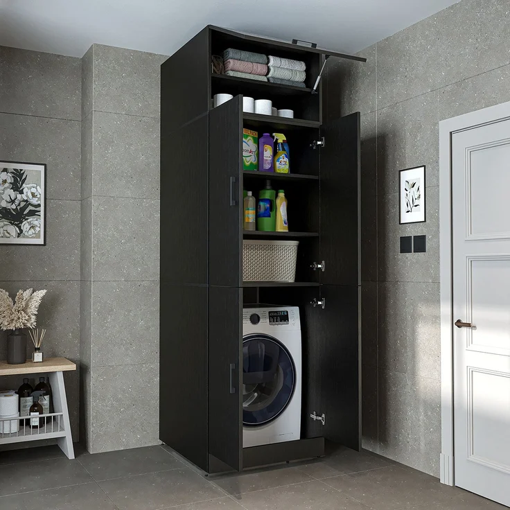 Roomart Waschmaschinenschrank DORA-II- Waschmaschinen- & Trocknerschrank mit Türen & Ausziehbrett – Waschküchenschrank für Waschmaschine & Trockner • Schwarz-Eiche – Bild 6