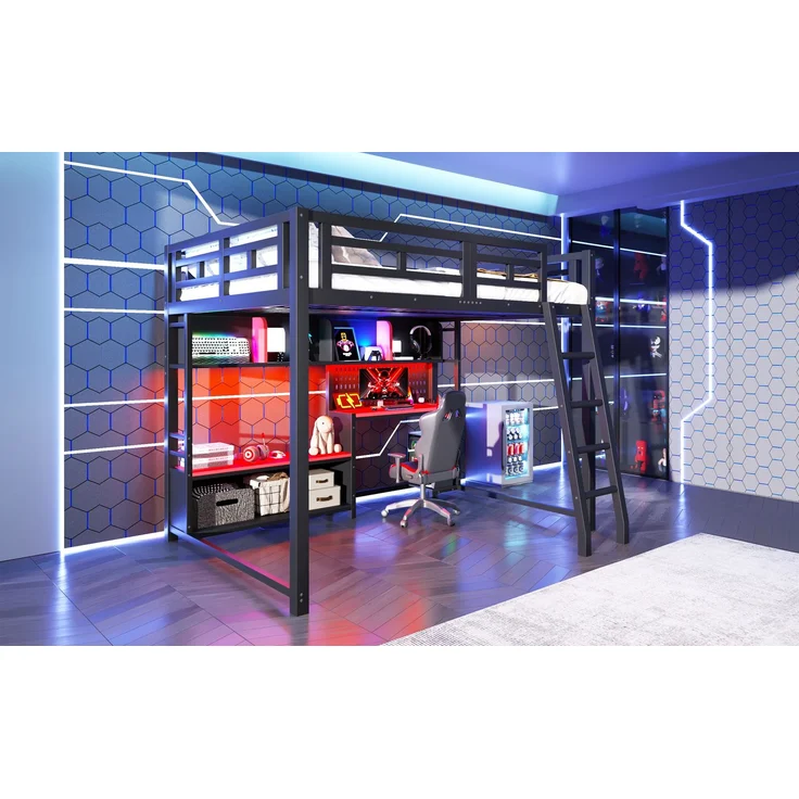 U-life Metall Etagenbett 140x200 cm, für Jugendliche, LED-Beleuchtung, MDF, Schwarz – Bild 7