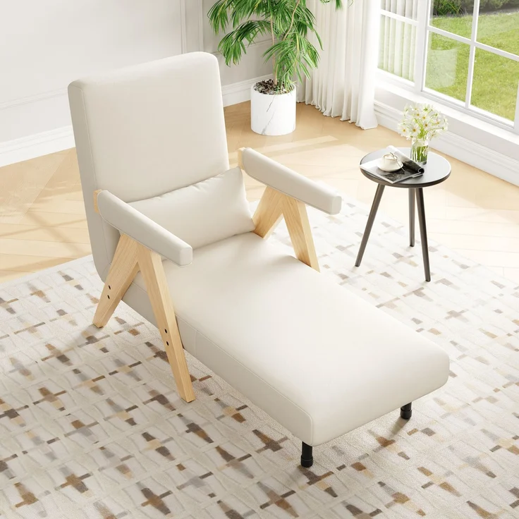Sessel Leinen 3-in-1 verstellbar, 87 x 60 x 64 cm – Relaxsessel mit 6-stufiger Rückenlehne & Massivholzfüßen,Beige & Natur – Bild 3