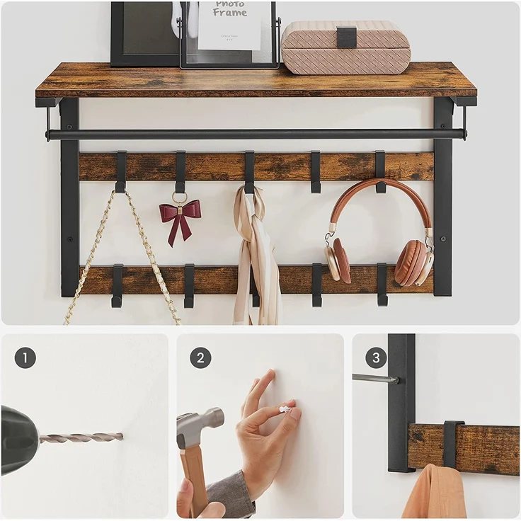 Vasagle Wandgarderobe, Schuhbank, Wandregal mit Ablage und 10 Haken, Schuhregal mit 3 Ebenen, Aufbewahrung, Metallgestell, für Flur, Eingangsbereich, Industrie-Design, vintagebraun-schwarz – Bild 4