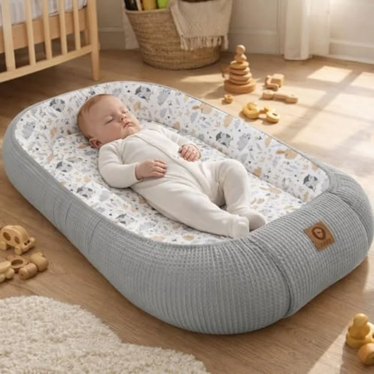 Babynestchen Neugeborene – Nestchen Baby aus Waffel Baumwolle & Baumwollstoff – Babynest für Babybett & Kinderbett – Baby Kokon Tragbar – OEKO-TEX zertifiziert – Zubehör für Babybett - Eulen und Grau – Bild 2
