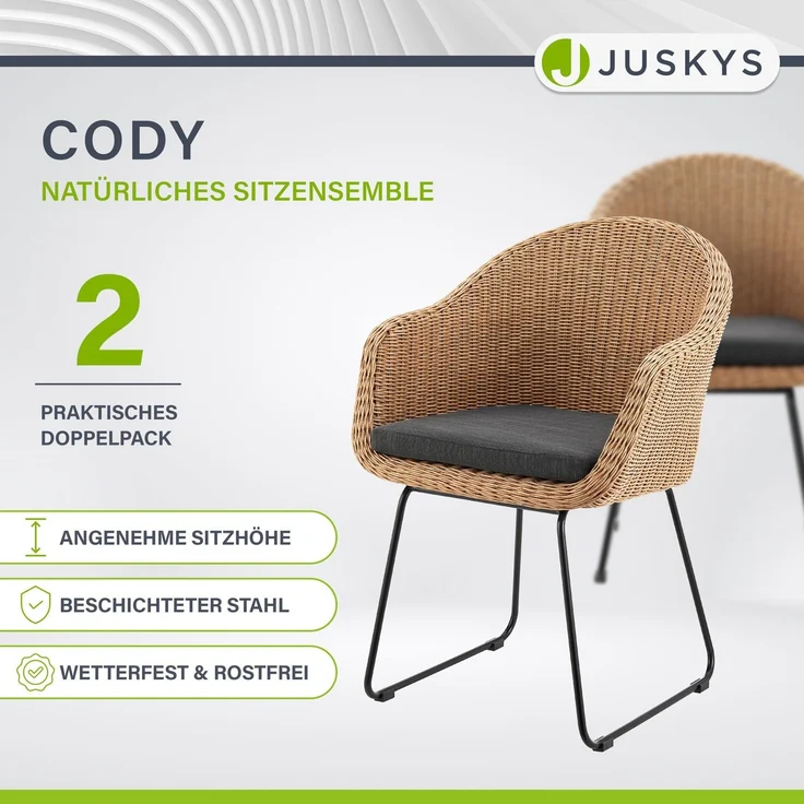 Juskys Rattan Korbsessel Cody 2er Set mit Kissen - Indoor & Outdoor Rattanstühle - Korbstuhl bis 100 kg belastbar - Korbstühle modern - Stühle Natur – Bild 2