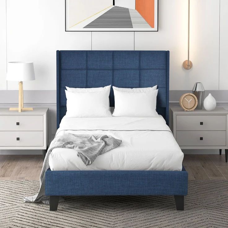 EINHOM Modernes Design Polsterbett mit Seinem Gepolstertes Kopfteil Einzelbett mit Lattenrost, 90 x 200 cm, in Blau Leinen, Mittelfest, (Mit Matratze) – Bild 5