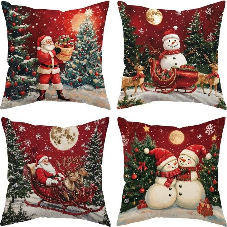 Coonoor Kissenbezug 18x18 Weihnachtsleinen Kissenbezug, Weihnachtskissenbezug, (4 Stück), Weihnachtssofa Kissenbezug, Weihnachtsmann Rentier Schneemann