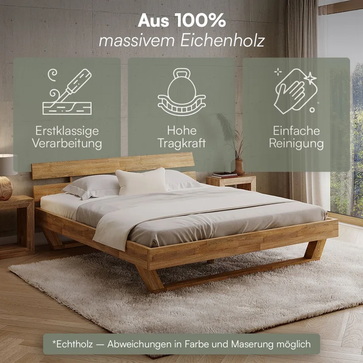 skølm 'Nornir' Bett 180x200 cm, Bettgestell, natur geölt, Massivholzbett aus Eiche mit Holzkufen, Doppelbett mit Streben Bettkopf – Bild 3