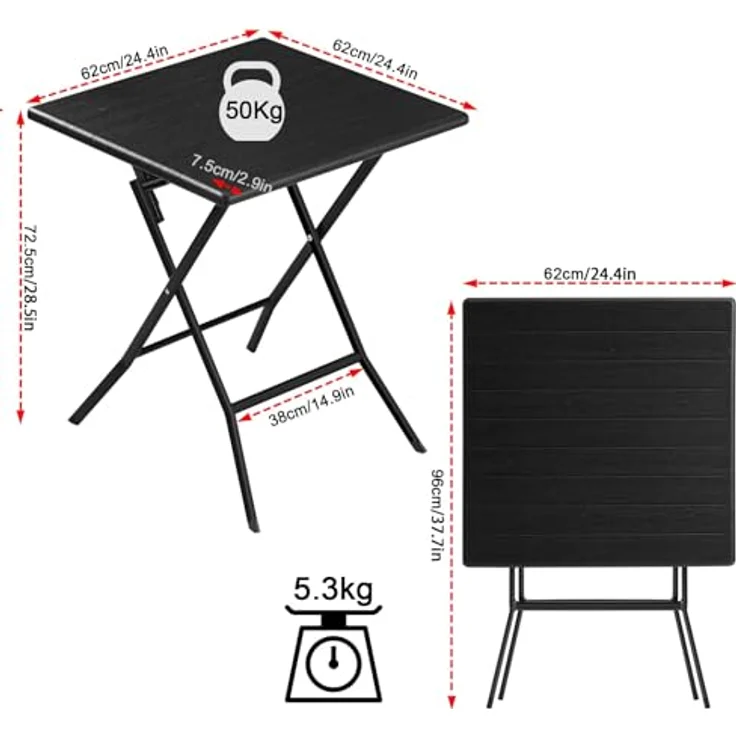 eSituro Klapptisch, Gartentisch Balkontisch wetterfest, Outdoor Beistelltisch klappbar, Kleiner Tisch für Balkon Terrasse Garten, 62x62 cm, 50 kg belastbar, Schwarz – Bild 4