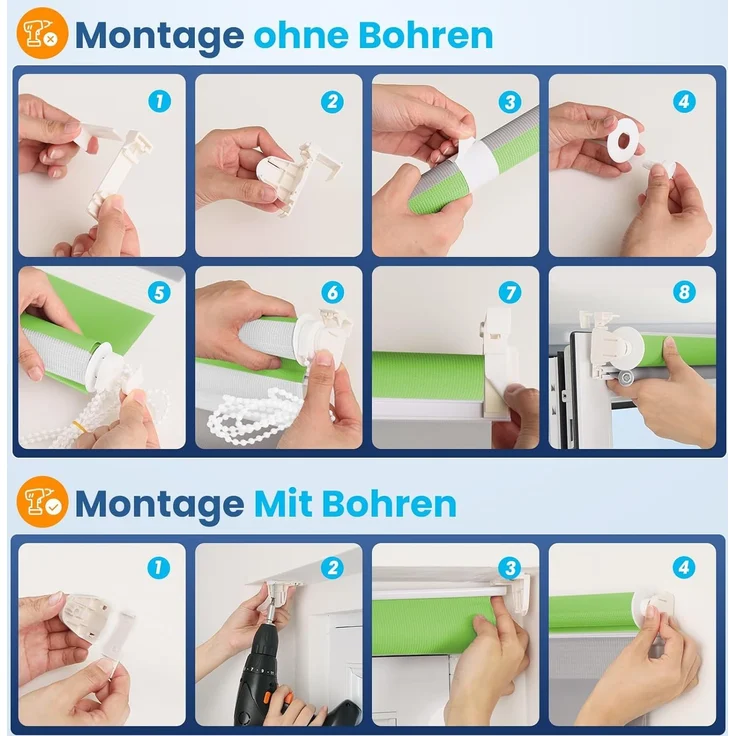 Grandekor Doppelrollo Klemmfix ohne Bohren Grün-Grau-Weiß 110x150 cm(Stoffbreite 106cm) Fenster Rollos für innen Klemmrollos Duo Rollos für Fenster ohne Bohren mit Bohren Privatschutz Zebrarollo – Bild 8