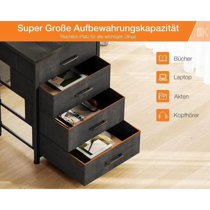 ODK L-förmiger Schreibtisch Schwarz USB-Ladestation 4 Schubladen 160x80cm – Bild 4