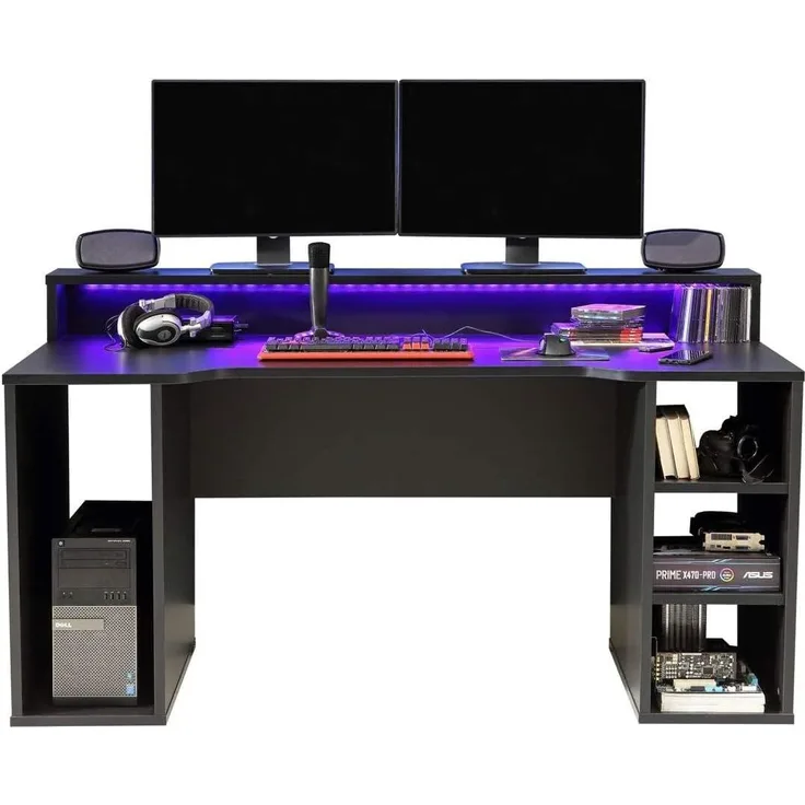 Forte 'Tezaur' Computertisch mit LED Beleuchtung, Schwarz, 160 x 91 x 72 cm
