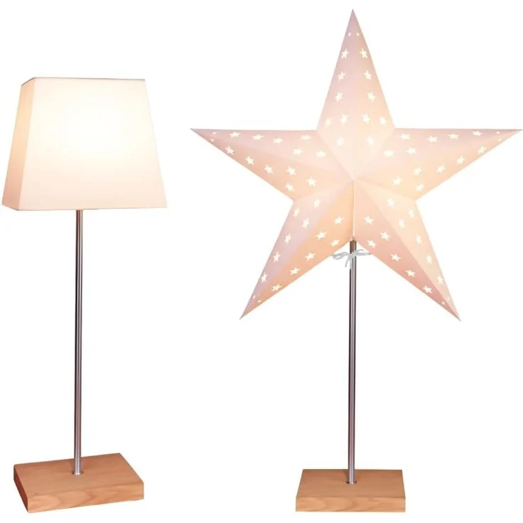 EGLO Tischlampe mit Wechselschirm, 3D Papierstern Weihnachten oder eckiger Lampenschirm in Weiß mit Fuß aus Holz und Metall, Dekostern Tischleuchte mit Kabelschalter, E14, Höhe 65 cm – Bild 2