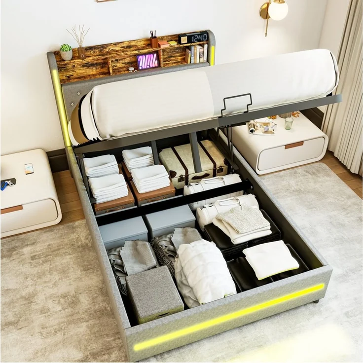 oyajia Polsterbett Stauraumbett Doppelbett LED, Leinenstoff (Mit Bettkasten, LED-Beleuchtung, 140x200 cm), Hydraulisch hebbarer Stauraum – Bild 2