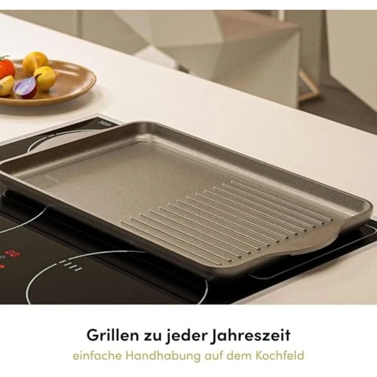 Hoffmann Germany Teppanyakiplatte Grillplatte 2in1 Aluguss eckig 49x29 cm – Made in Germany, Aluguss (1-tlg, 1x Grillplatte 49x29 cm + Silikon-Füße), Grillstreifen + Bratfläche, Antihaft, backofenfest, Induktion – Bild 7