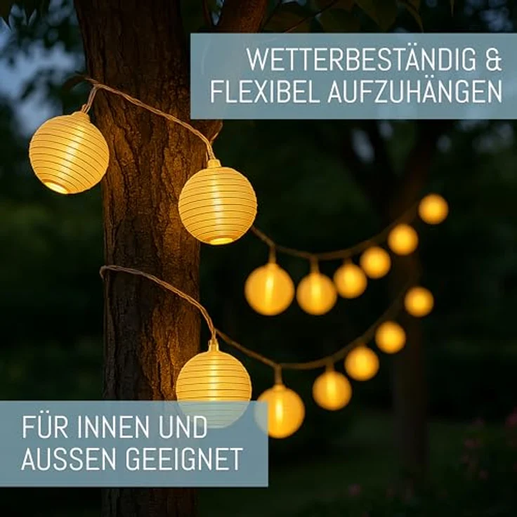 COZY HOME LED-Lichterkette Lampion Lichterkette - Batterie, Stecker und Solar, 20 Lampion LEDs I Timer-Funktion I 7 Meter mit 8 Mod I Wetterfest – Bild 3