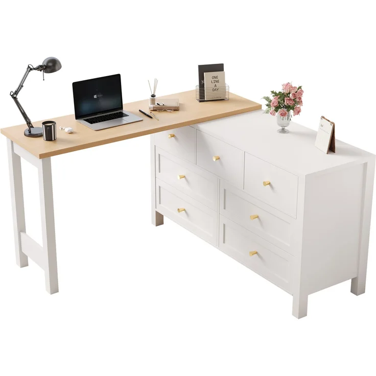Schreibtisch mit 7-Schubladen Kommode -2-in-1 Drehwerkbank und Sideboard, Eichenoptik, 360° drehbare Tischplatte, weiß / natur, Schreibtisch, Frisiertisch, L-förmiger Eckschreibtisch – Bild 6