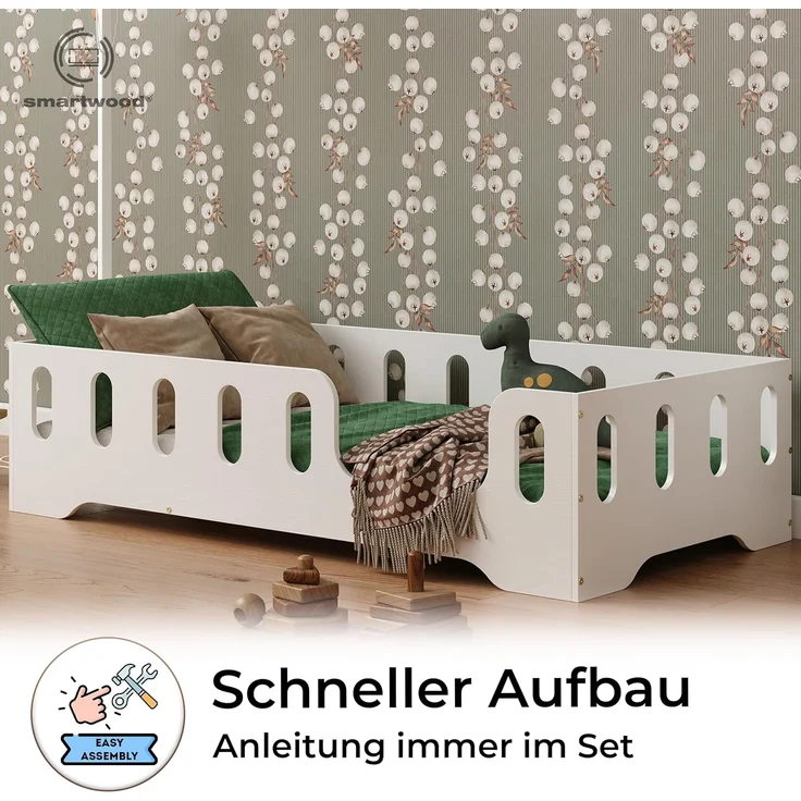 smartwood Kinderbett Bodenbett 90x160 mit Rausfallschutz & Lattenrost - Weiß - Kinder Montessori Bett TILA 2P mit glatten Kanten - Betten für schnelle Montage - Bis 230 kg belastbar – Bild 4
