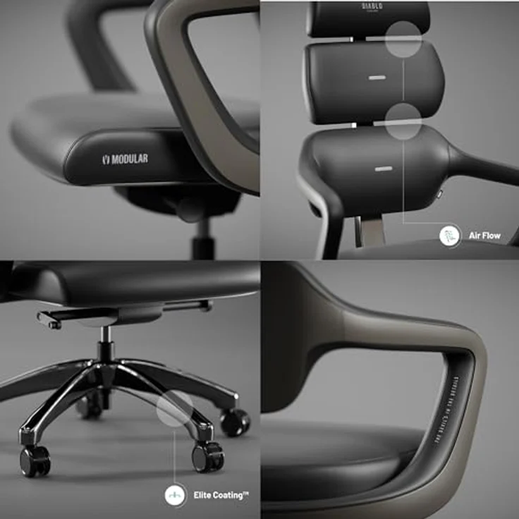 Diablo Bürostuhl Ergonomisch V-Modular | Schreibtischstuhl mit Verstellbarer Rücken, Sitz und Rückenlehne, Abnehmbare Kopfstütze | Öko-Leder Chefsessel für Büro, Home Office | Schwarz – Bild 7
