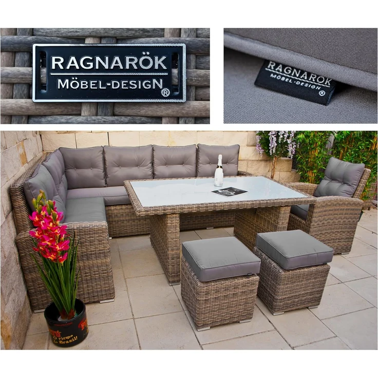 Ragnarök Möbel-Design Gartenlounge-Set Dining Lounge Wieland XL, (Set, 1 Ecklounge, 2x Hocker, 1x Hochlehner Sessel, Alu, Polyrattan), Sitzpolster ca. 16 cm dick – Bild 6