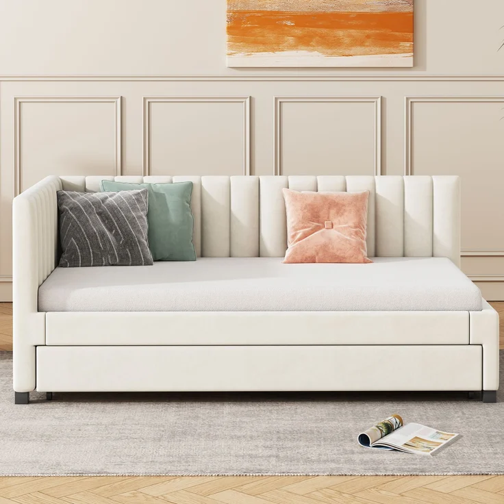 Polsterbett, 90 x 200, Ausziehbares Schlafsofa, Multifunktionsbett mit Lattenrost, Jugendbetten Kinderbetten Gästebetten, Samtstoff, Beige, 90 x 200 cm – Bild 6