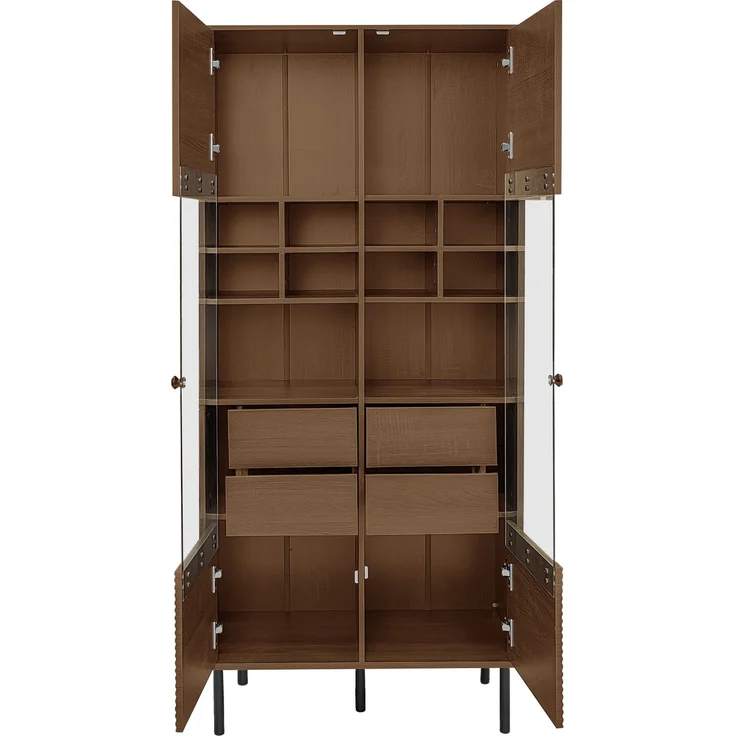 Mehrzweig-Vitrinenschrank in Nussbaumholzoptik: Glasfront + Etagenregal + versteckte Schublade｜Allround-Aufbewahrungslösung für Bad/Wohnzimmer/Büro--Holz--75.5x35x164.5cm--YOUDENOVA – Bild 8