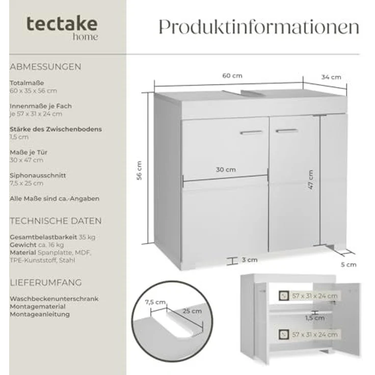 tectake Waschbeckenunterschrank Badezimmerschrank Idris, 2 Fächer, Belastbarkeit 35 kg (60 x 35 x 56 cm) 2 geräumige Fächer – Bild 3